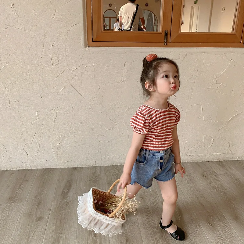 Sweet Bowknot Backless Girls Shirt Summer Vintage Black/red Stripe Kids Shirt Toddler Girls Pullovers 0-7 Yrs Kids Tshirt Summer