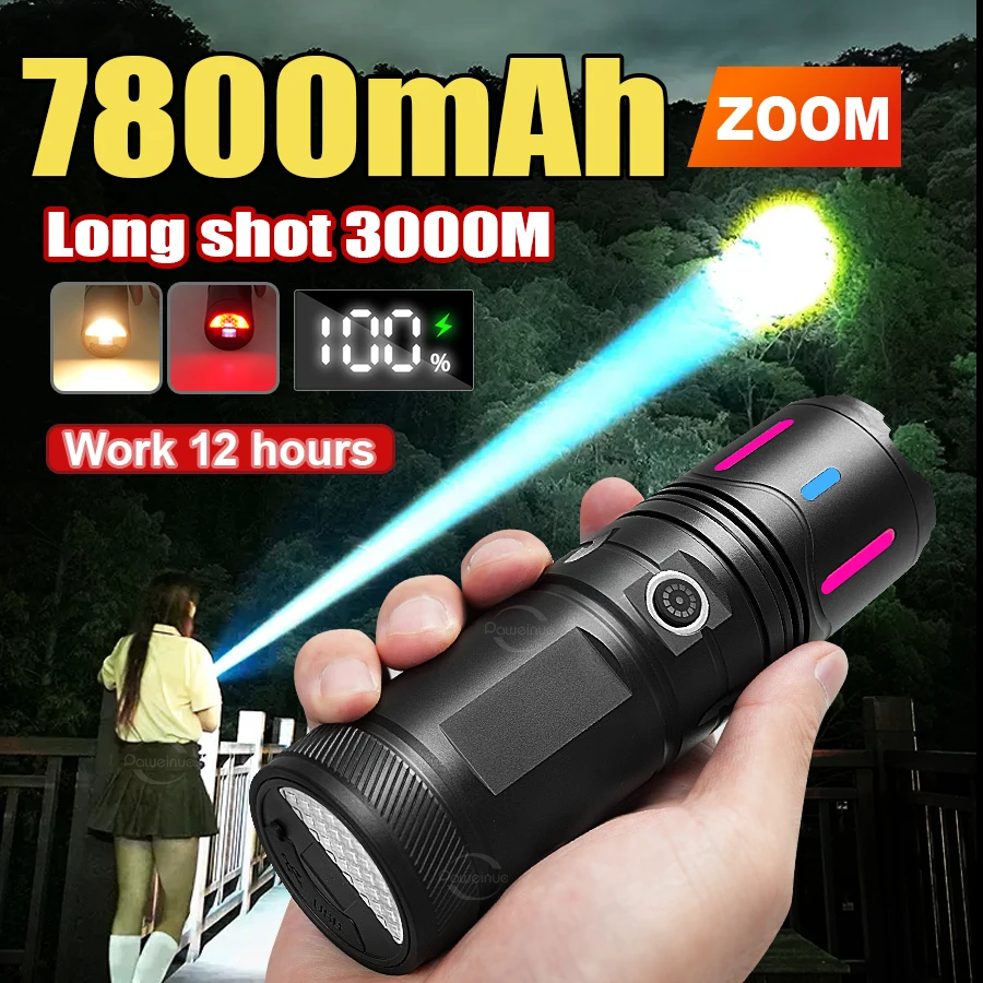 7800 mAh Super Powerful Flashlight USB Rechargeable Tactical Zoom Torch with OLED Display Long Range 3000M Lantern for Outdoor
