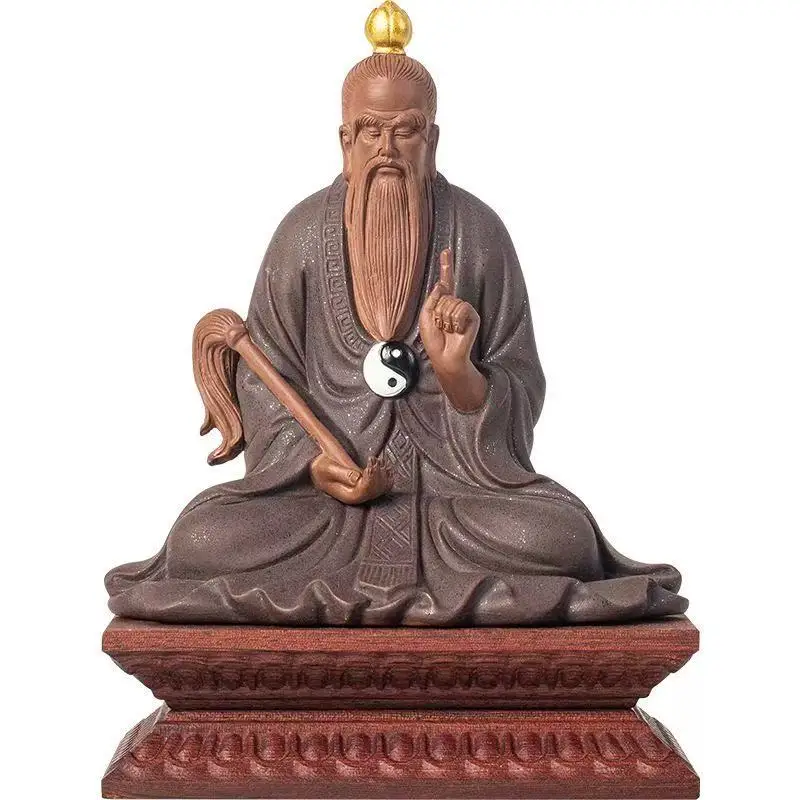 Ceramics Taishanglaojun Yuan Shi Tianzun Taoist Figure Statue, Purple Sand Handmade Sculpture Home Room Office Feng Shui Statues