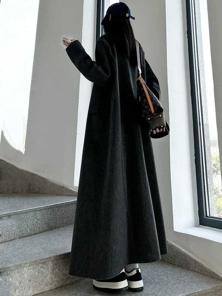 New Women Long Double-Faced Wool Coat Autumn Winter Fashion Turn-down Collar Double Breasted Loose Daily Wool Blends Coat