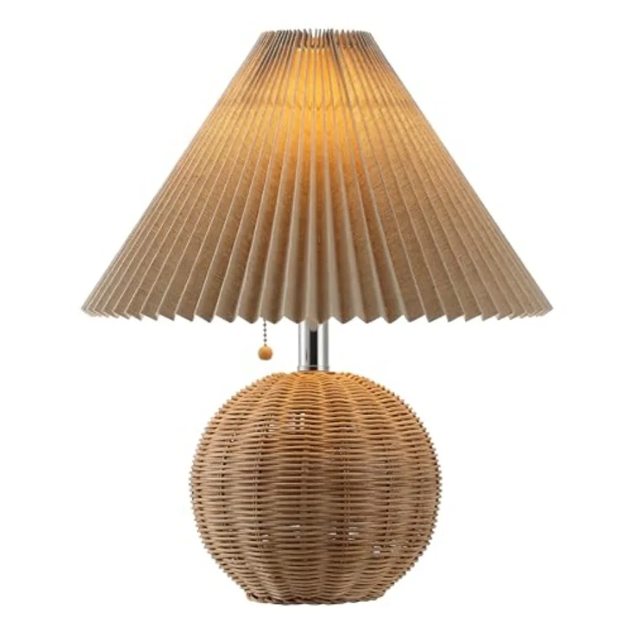 

17.25"/Chrome/Dark Beige Sphere Table Lamp, Mid-Century Bedside Nightstand with Beige Pleated Linen Shade, Scandinavian Coastal