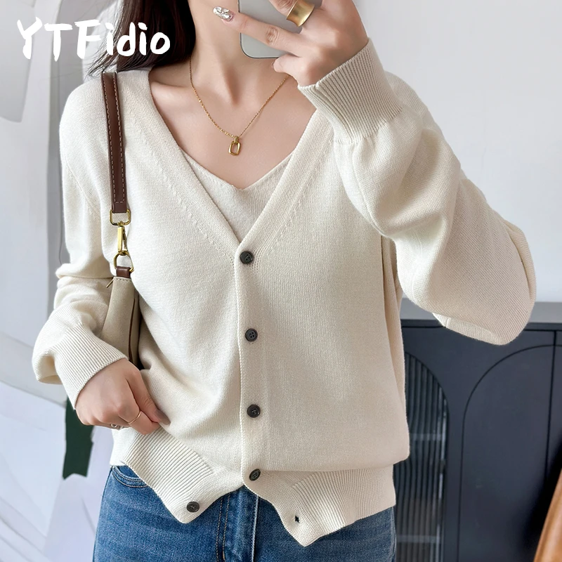 YTFidio 100% Cotton Women V-neck Solid Cardigan Luxury Designer Clothing Woman Pullover Female Tops 385