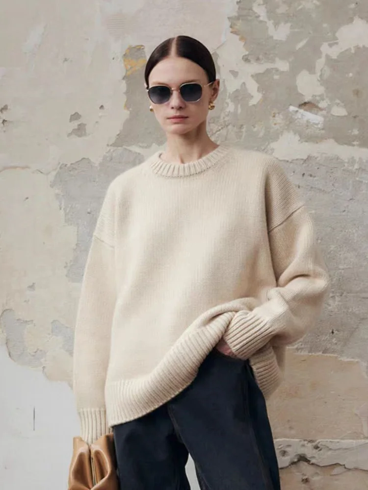 

Star with 100% pure cashmere sweater women's round neck pullover thickened loose lazy wind sweater