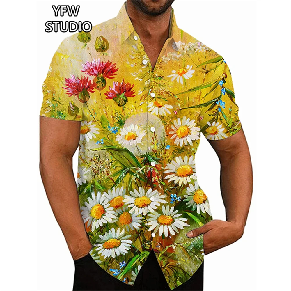 ชายเสื้อดอกไม้รูปแบบเสื้อฮาวายแฟชั่น 3D พิมพ์ Harajuku แขนสั้นปุ่มชายหาดขนาดใหญ่เสื้อบุรุษเสื้อผ้า