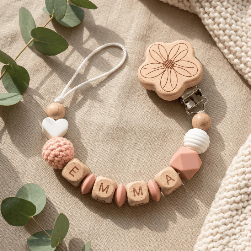 2026 Personalized Baby Pacifier Clip Custom Name Wooden Dummy Chain Silicone Teether Holder BPA Free Baby Shower Gift view 5