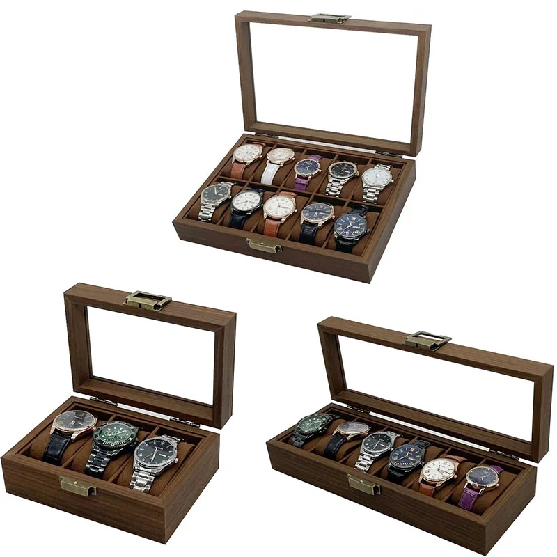 Vintage Wooden Watch Box 3/6/10 Slots Watch Display Box with Glass Lid Watch Organizers of Men Gift Watch Holde