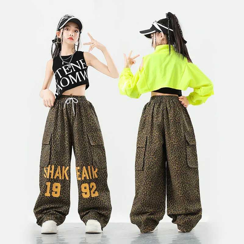 Kid Kpop Hip Hop Clothing Green Crop Jacket Top Leopard Print Casual Letters Cargo Pants for Girl Boy Jazz Dance Costume Clothes