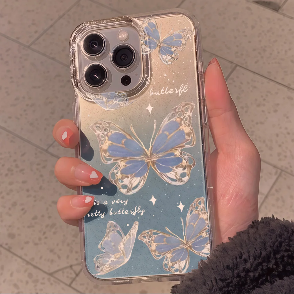 Luxury Blue Butterfly Clear Glitter Phone Case For iPhone 17 13 16 15 11 12 14 Pro Max  XR 17 Air 16e Case Soft Shockproof Cover view 4