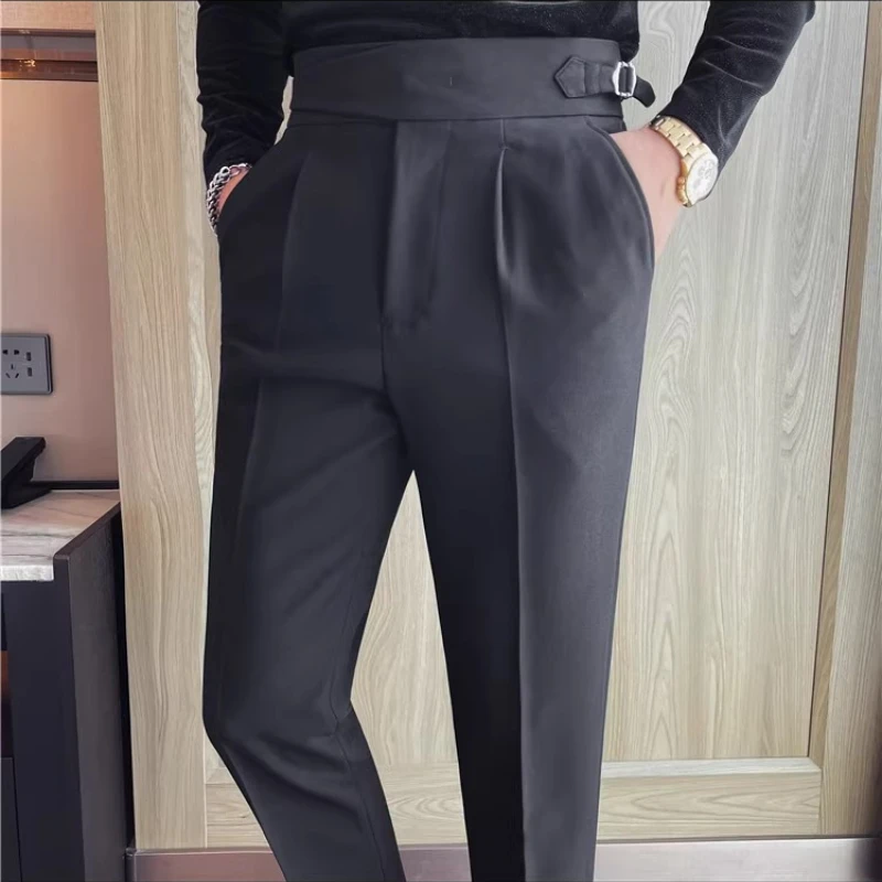 

Осенние костюмные брюки с высокой талией, мужские однотонные повседневные деловые классические брюки, облегающие брюки для свадебной вечеринки, офиса, социальные брюки