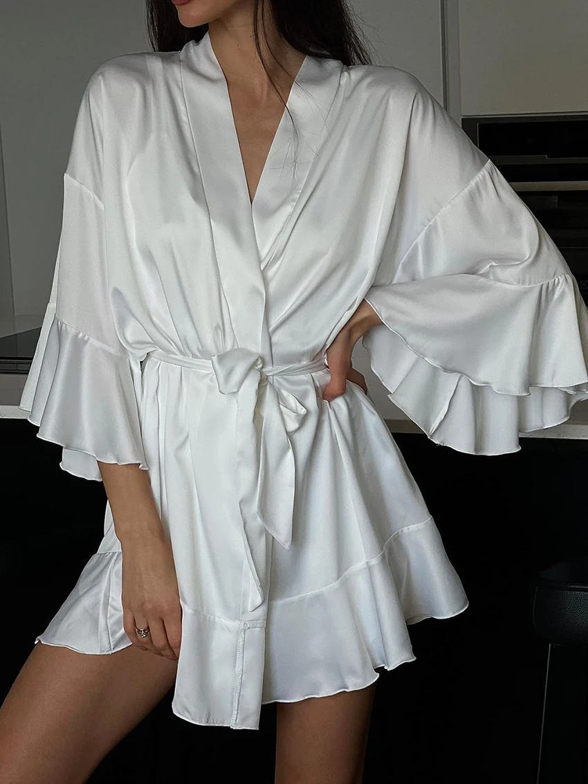 Marthaqiqi Loose White Ladies Nightwear Lace Up Nightgowns V-Neck Robe Long Sleeve Bathrobe Mini Dress Causal Female Nightwear