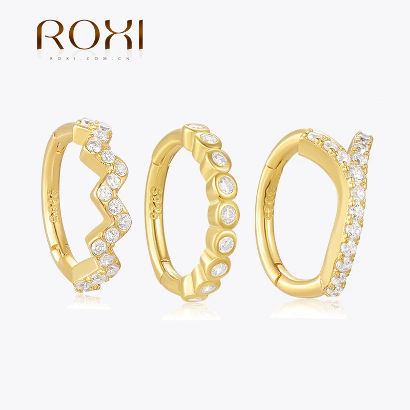 ROXI 925 Sterling Silver 1PC INS Trend Wave/Single Row/Y-shaped Zircon Circle Earrings For Women 18K Gold Party Jewelry серьги