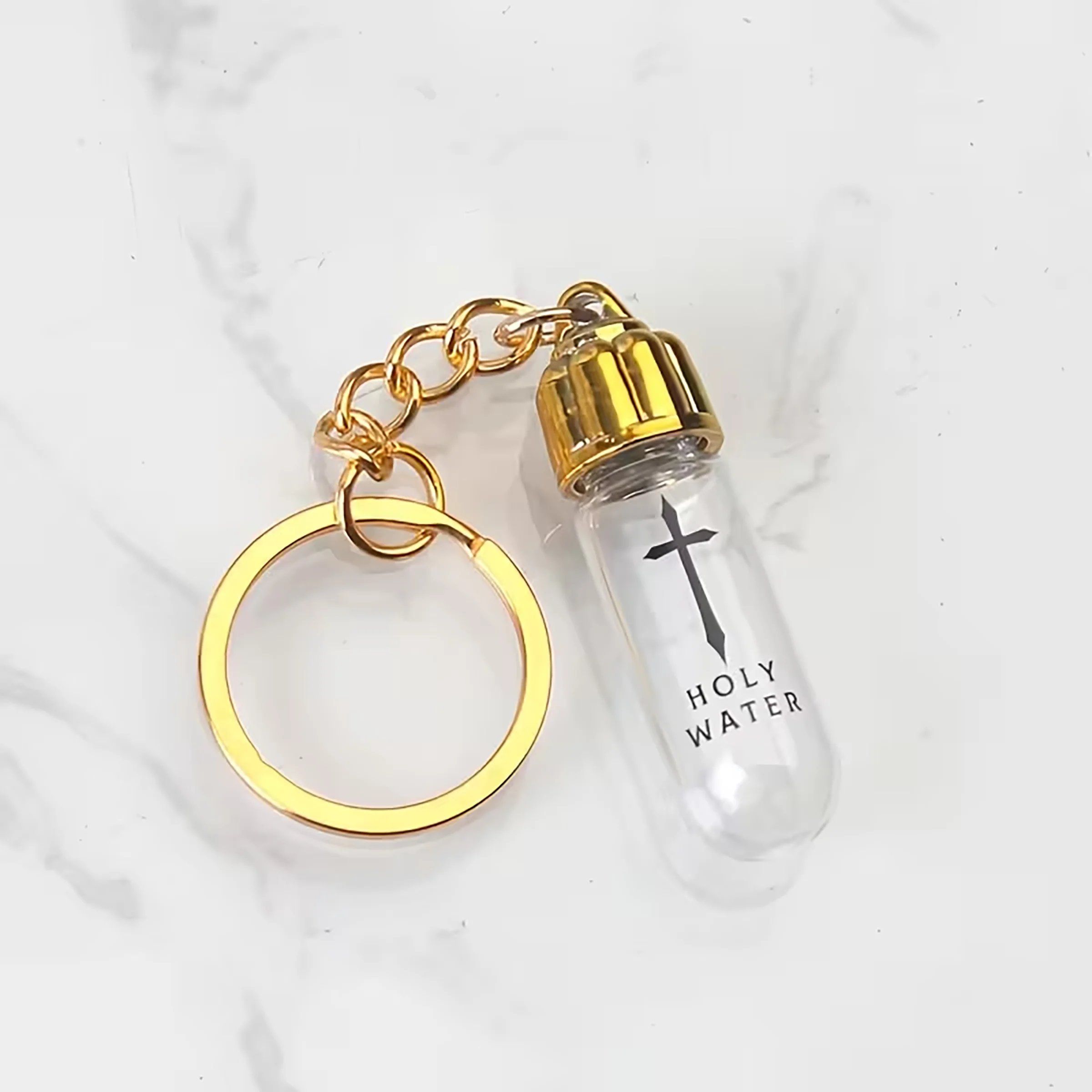 [Christian Church Gift] 1pc Mini Holy Water Bottle Keychain, Glass Baptism Prayer Vial with Cross Print, Portable Religious Key