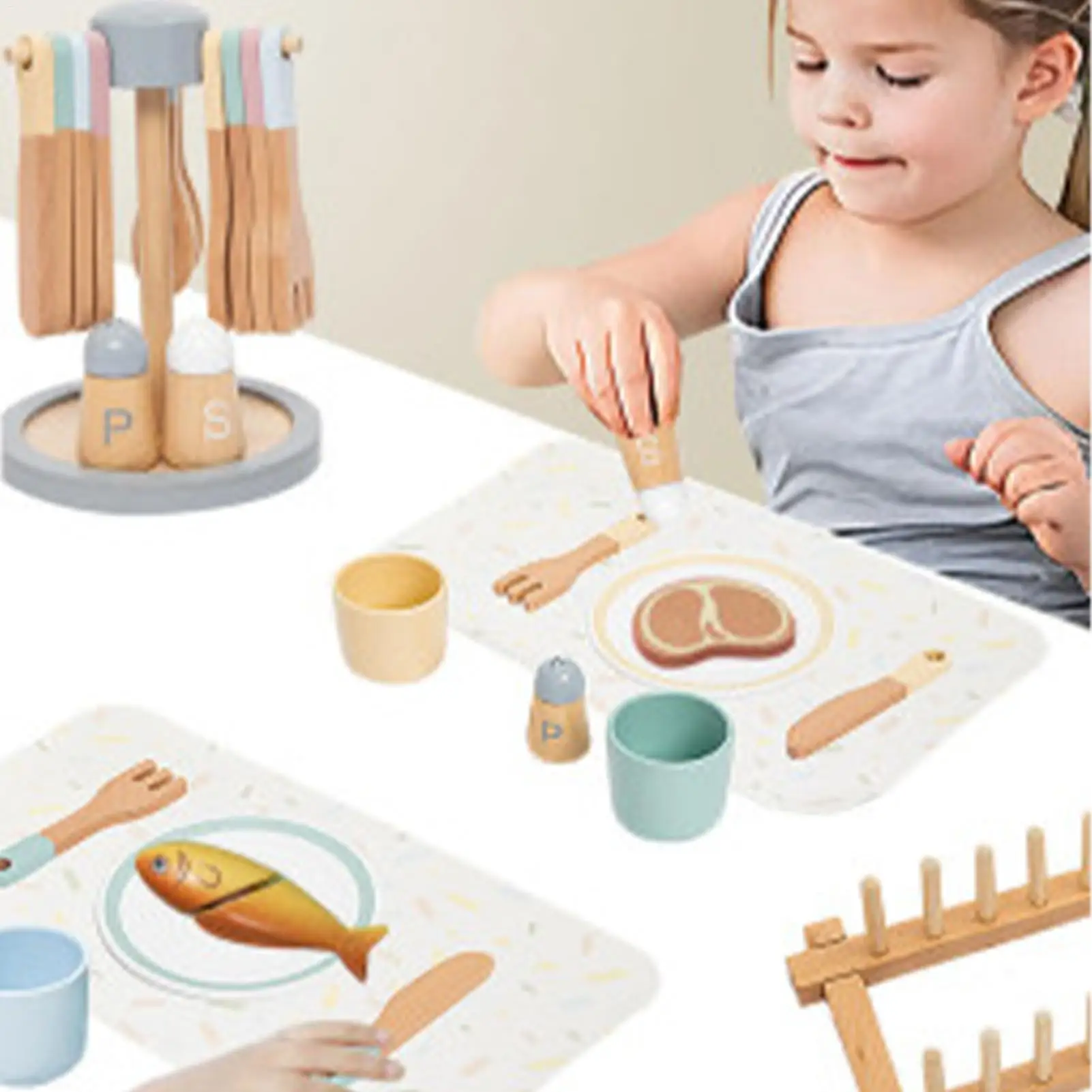 Zestaw kuchenny dla dzieci, 33 elementy, realistyczny zestaw do zabawy w udawanie, drewniany zestaw obiadowy do gotowania dla dziewczynek, na przyjęcie, Boże Narodzenie, urodziny.