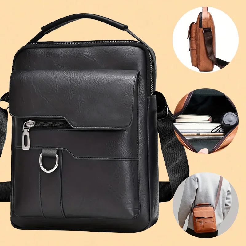 Herren Vintage PU-Leder Umhängetasche, lässige kleine Schulter-Messenger-Tasche mit mehreren Fächern, Handtasche für den täglichen Arbeits- und Reisegebrauch – Detail 1
