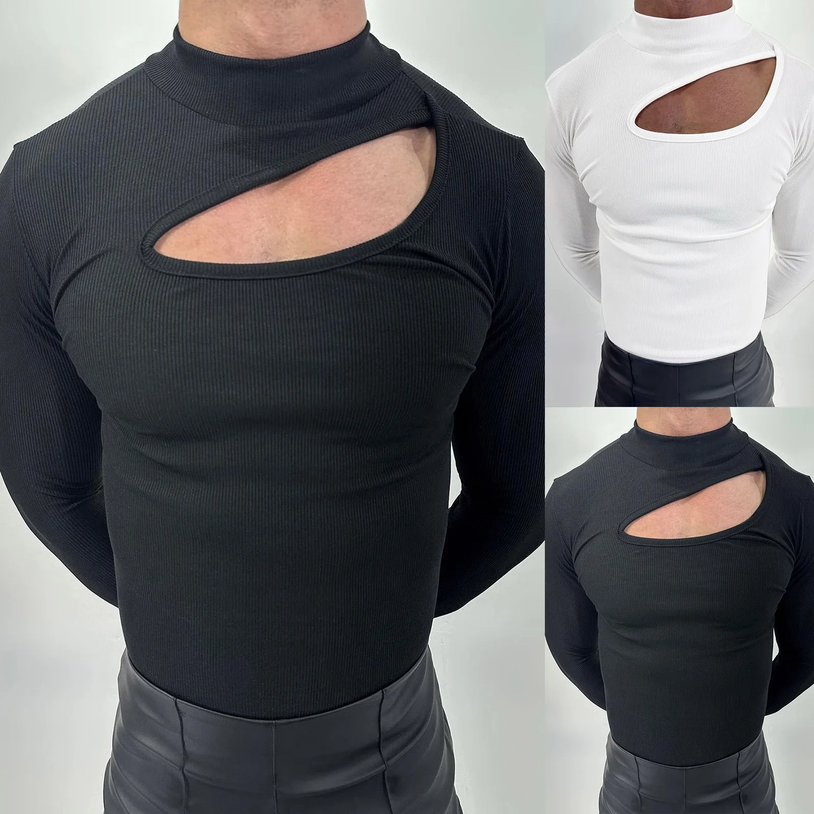 Autumn New Men's Muscle Bottoming Shirt Men's Tight Sexy Turtleneck Ripped T-shirt