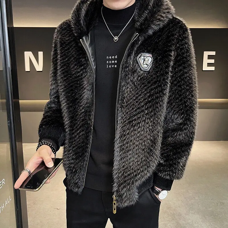 High Quality Men Faux Marten Overcoats Male Fashion Short Large Size Fur Jacket Winter New Slim Fit Hooded Thicken Warm Outwear