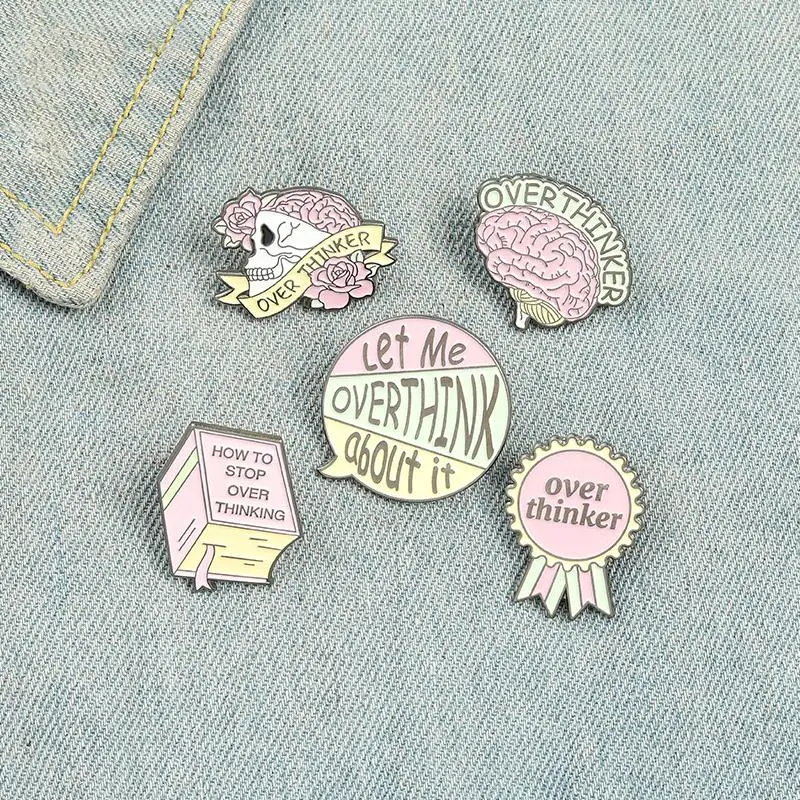 Overthinker Enamel Pin Custom Overthinking Award Brain Skull Book Brooches Bag Lapel Pin Cartoon Badge Jewelry Gift for Friends