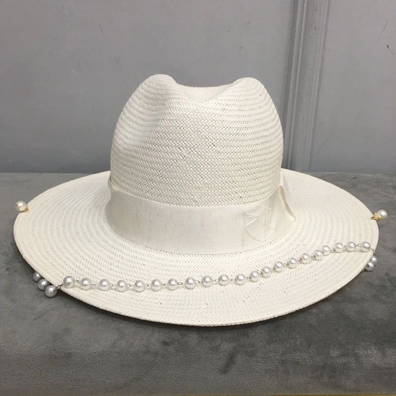 2022 new arrival white straw hat for women with pearl chain