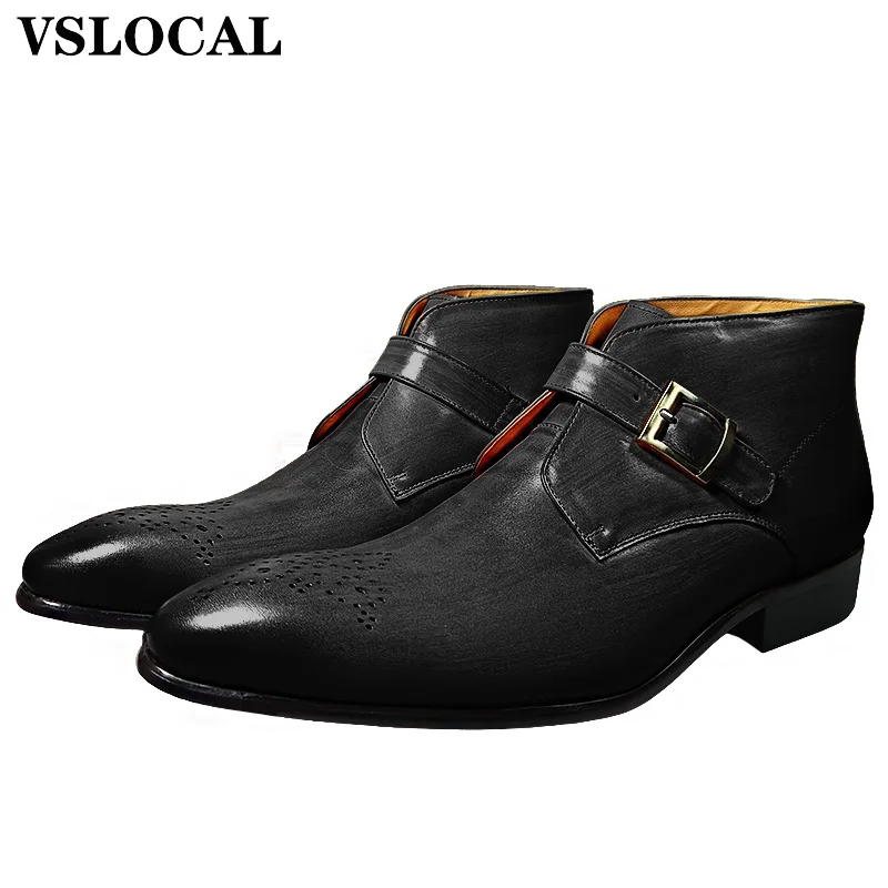 

Luxury Brand Mens Ankle Boots Shoes Black Brown Buckle Strap Casual Dress Cowboy Boots Slip on Genuine Leather Boots Men