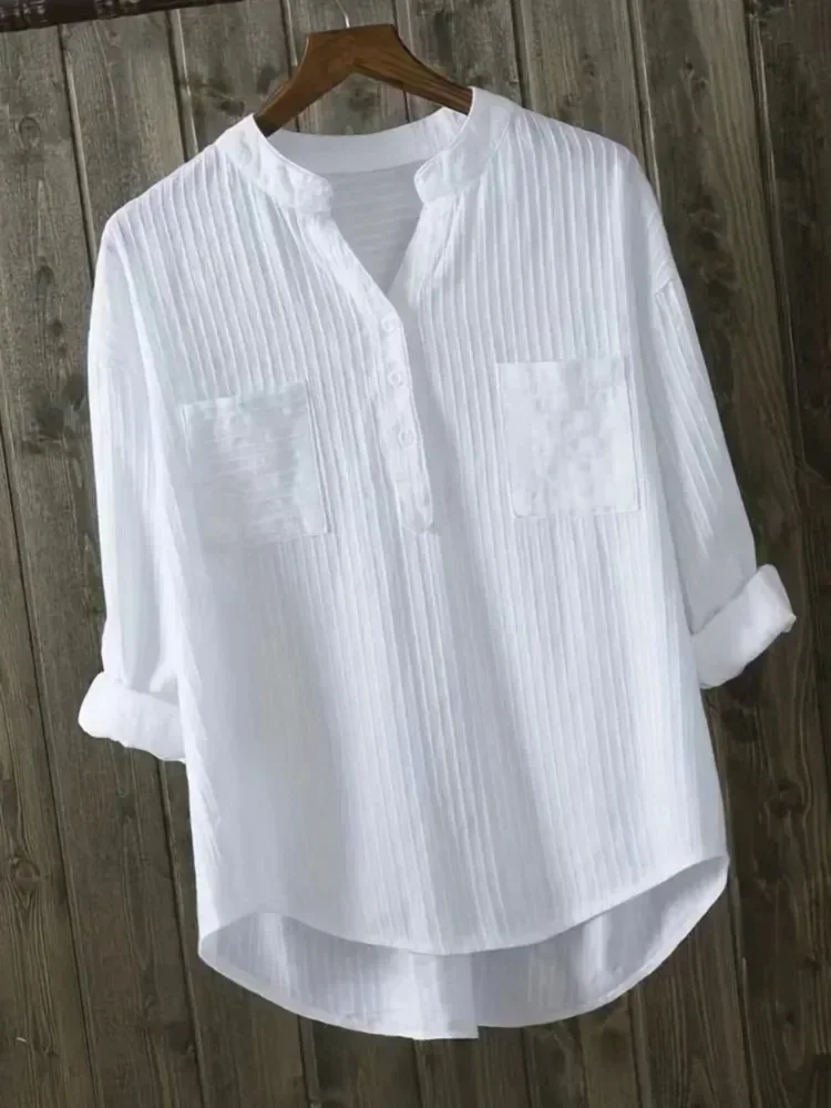 

Rosa fera Plus Size Women Notch Neck Half Button Shirt Long Sleeve Loose Tunic Blouse with Pockets High Low Hem