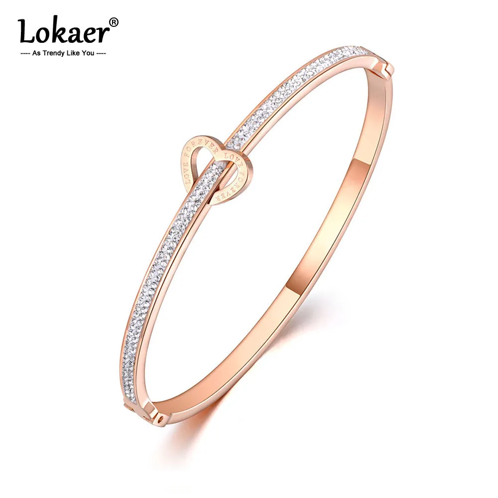 Lokaer Titanium Stainless Steel Love For Ever Rhinestone Cuff Bangles Bracelets Jewelry For Women Valentine's Day Gift B19032