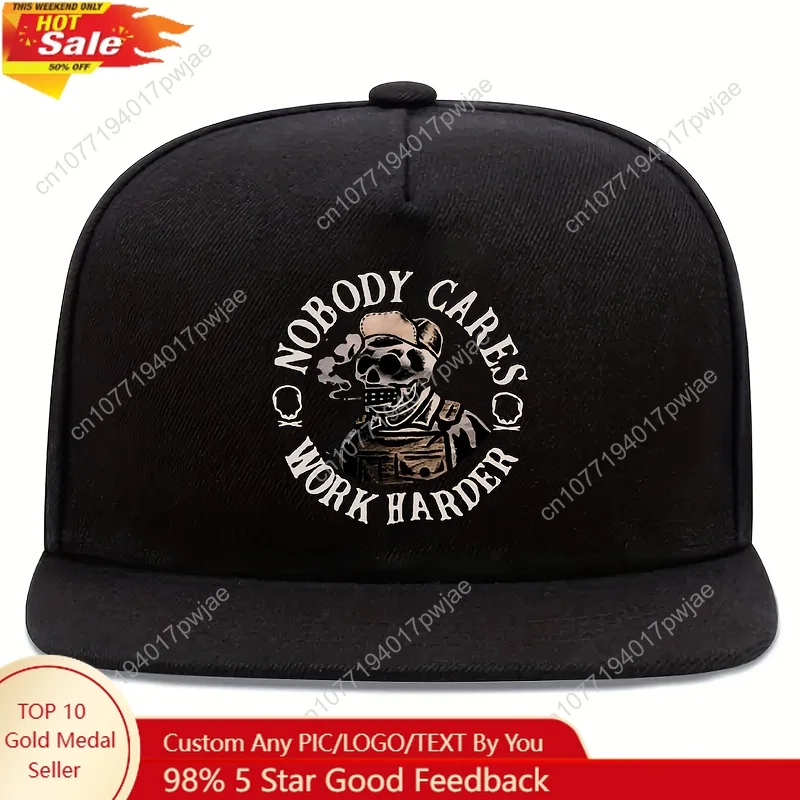 

1pc "Nobody Cares, Work Harder" Skull Print Snapback Cap - Adjustable, Funky Street Hip-Hop Style, 100% Polyester Baseball Hat w