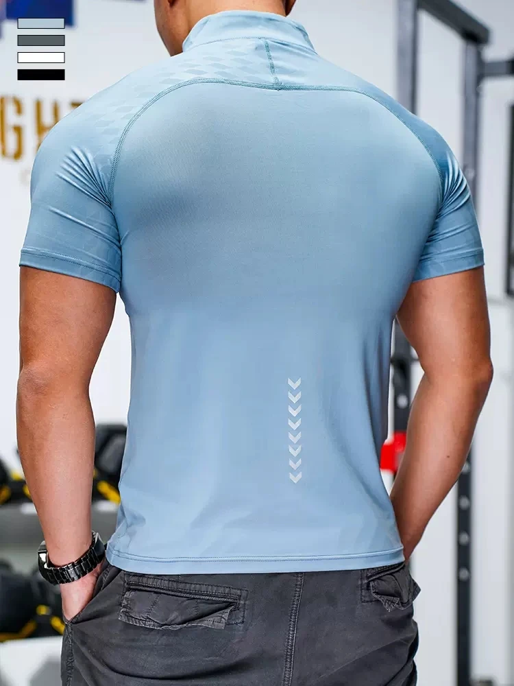 New 2023 Summer Running Gym Men Shirt short Sleeve Tees elastic fit Sports training Fitness Quick dry Zip collar Polo T Shirt