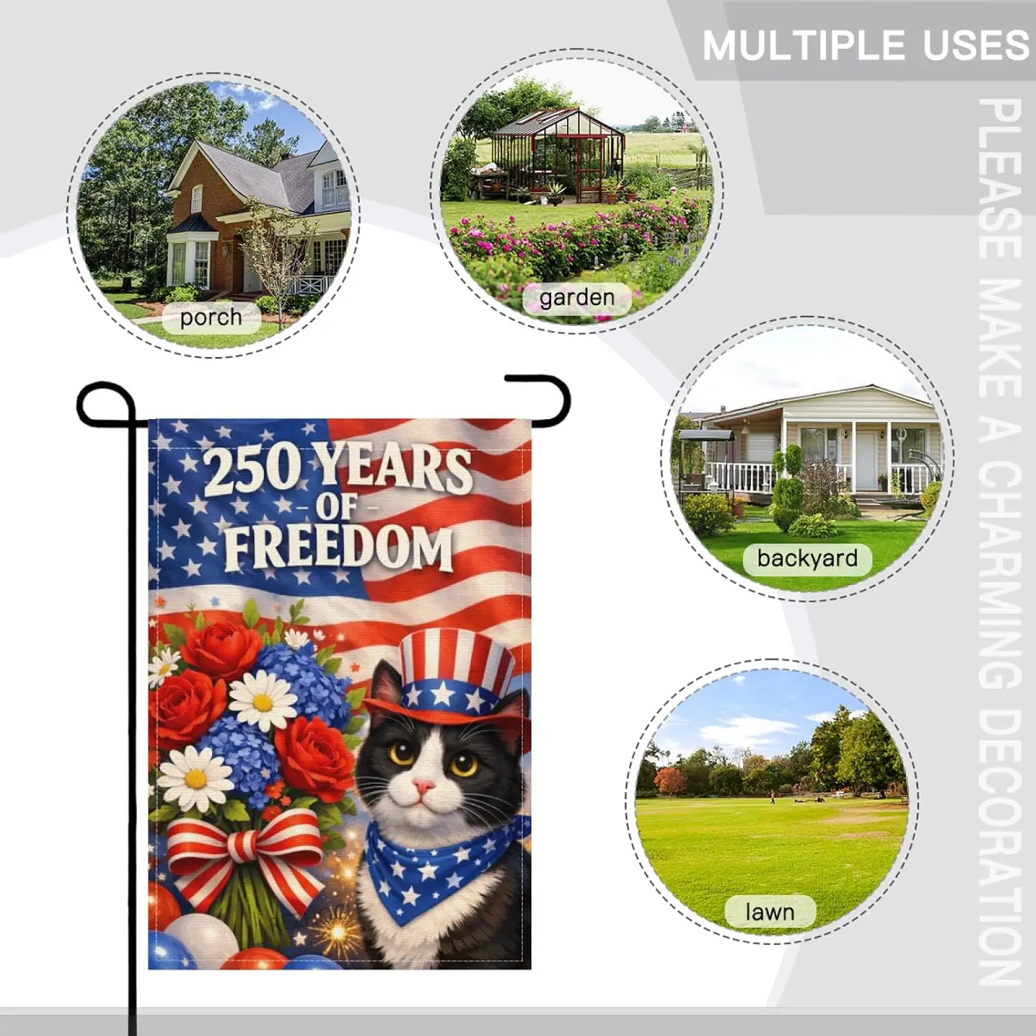 American 250th Anniversary Garden Flag 28x40 Inch,Patriotic Tuxedo Cat 250 Years of Freedom,Independence Day 4th of July Dec AAM view 6