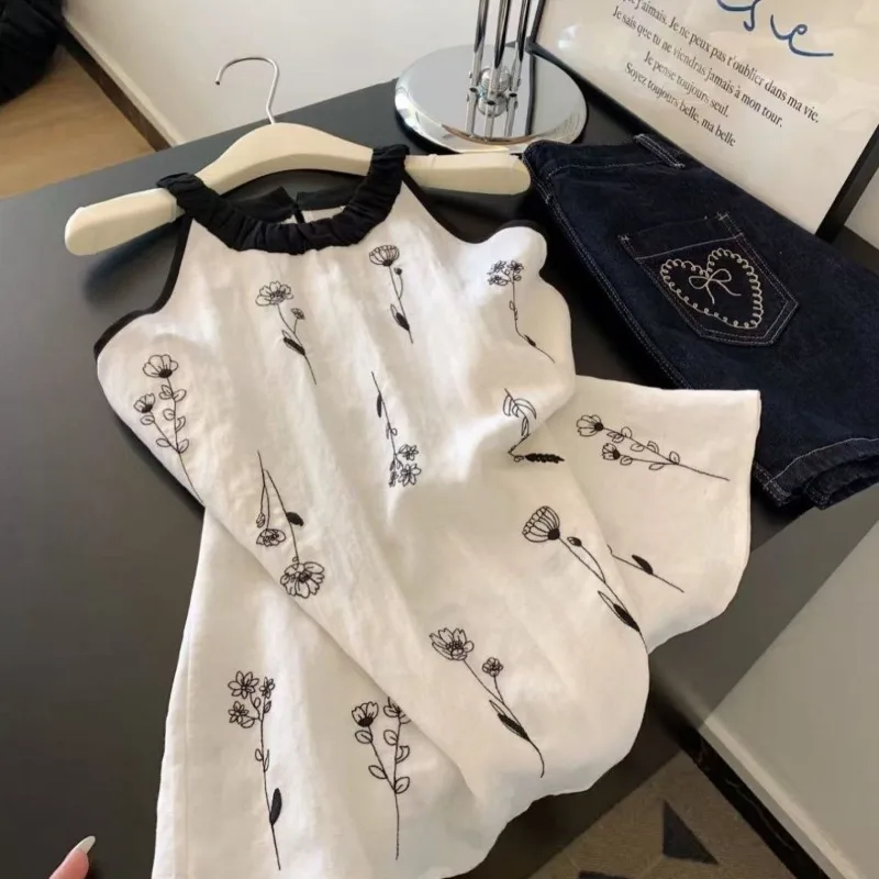 

Women Clothing Summer Fashion Korean Printing Solid Color Halter Female All-match Appear Thin Embroidered Off Shoulder Cardigan