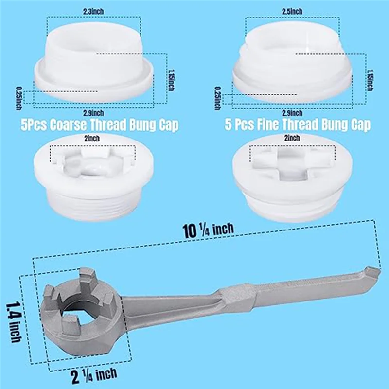 تتضمن قبعات AED2-Bung 10 أغطية خيط، غطاء فتحة طبلة مع مفتاح ربط الطبل، قابس طبل، مفتاح ربط لـ 15/30/55 جالونًا، سهل T #5