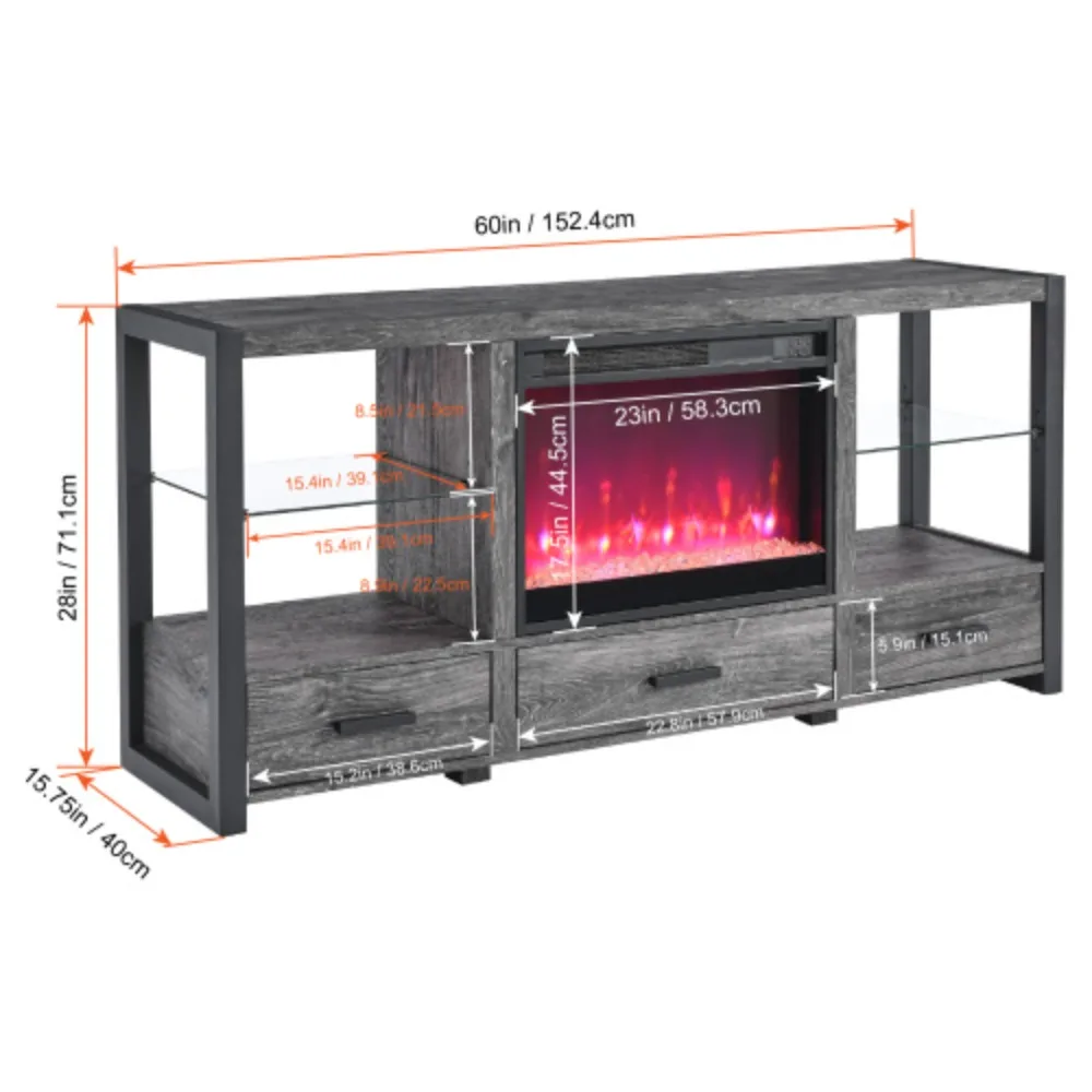 60 Inch Electric Fireplace Media TV Stand with Sync Colorful LED Lights-Dark Rustic Oak Color