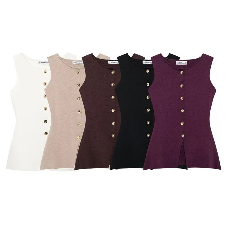 

Gold Button Knitted Vest Svel round Ne Flat Needle Knit Casual Faion Women's plus Size Inner Wear Polyester Fiber