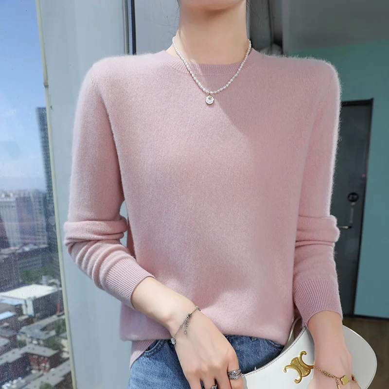 100% pure wool sweater autumn/winter new casual solid color knitted Tops round neck women's loose pullover basic Blouse