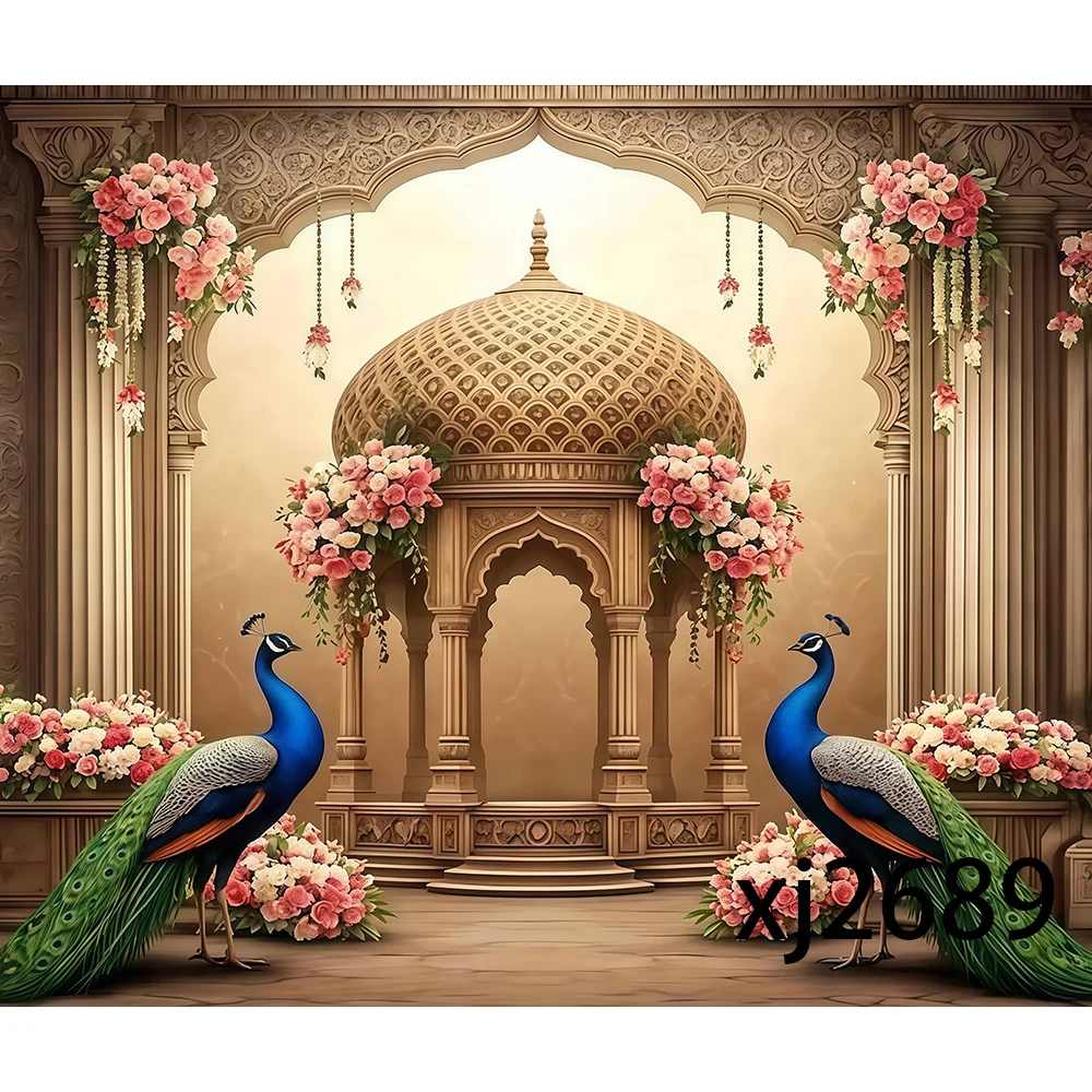 Indian Style Peacock Floral Wedding Birthday Party Baby Shower Backdrop Cover Photography Background Decor Banner