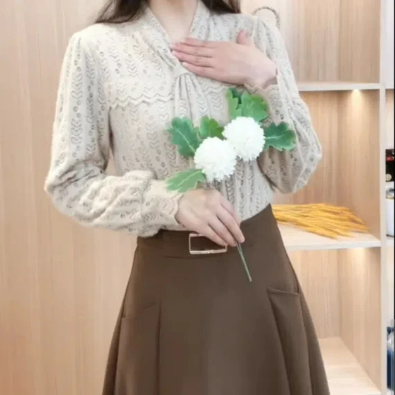 Autumn Winter New Solid Color Scarf Collar Long Sleeve Blouse Women High Street Casual Loose Lace Pullovers Elegant Thick Tops