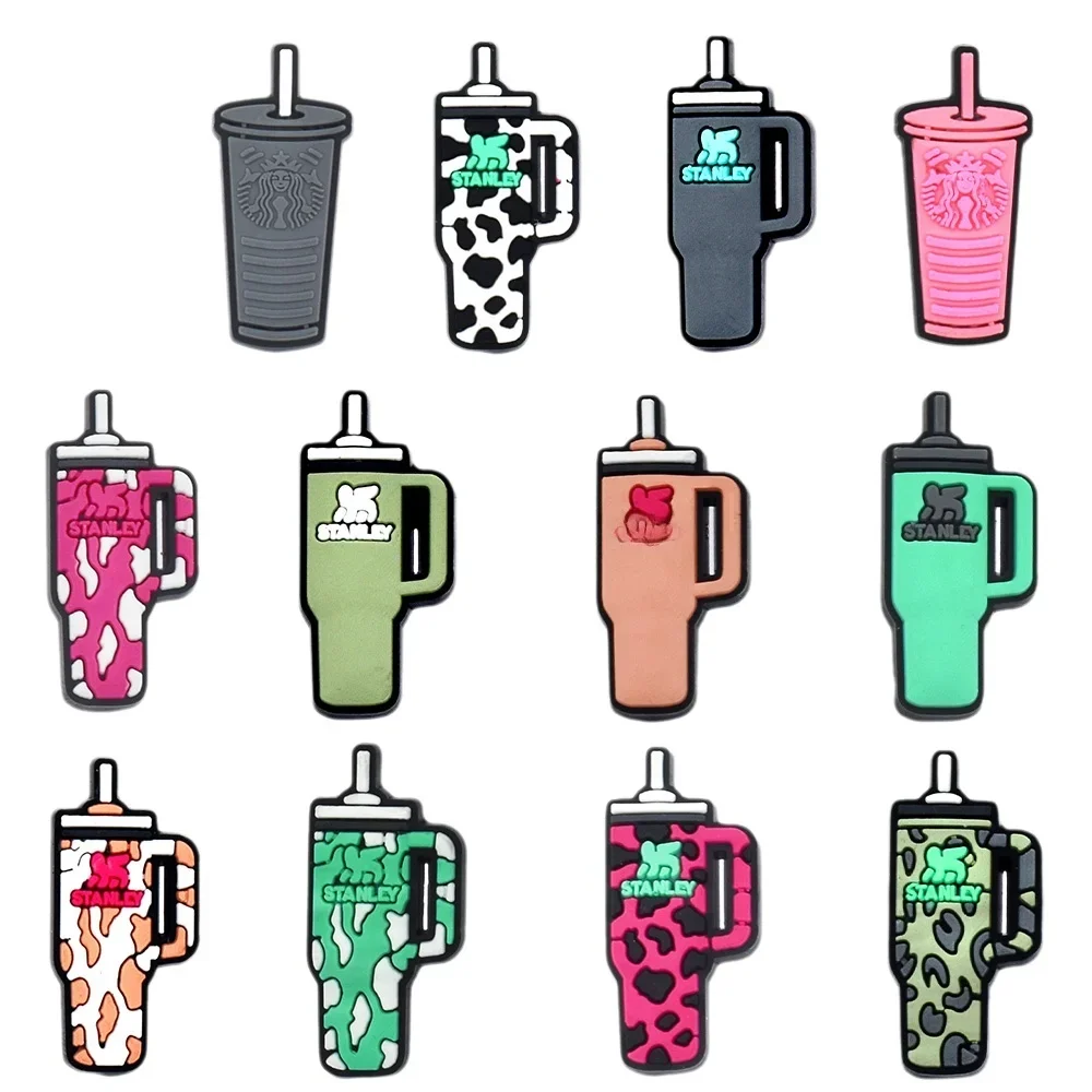 12pcs Cartoon Water Cup Series Shoe Charms Set For Bag Bubble Slides Sandals, PVC Shoe Decorations Accessories