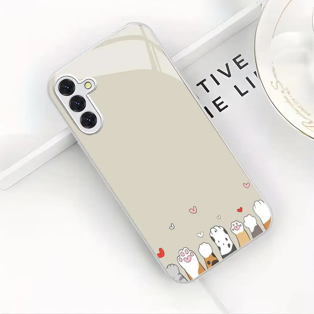 Cute cat paw print electroplated glass phone case suitable for Samsung Galaxy S26 S25 S24 S22 S21 S20 FE/Ultra/Plus anti drop