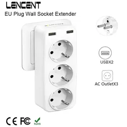 LENCENT EU Plug 5-in-1 Wall Socket Extender with 3 AC Outlet 2 USB 4000W 5V2.4A Wall Charger for Home/Office