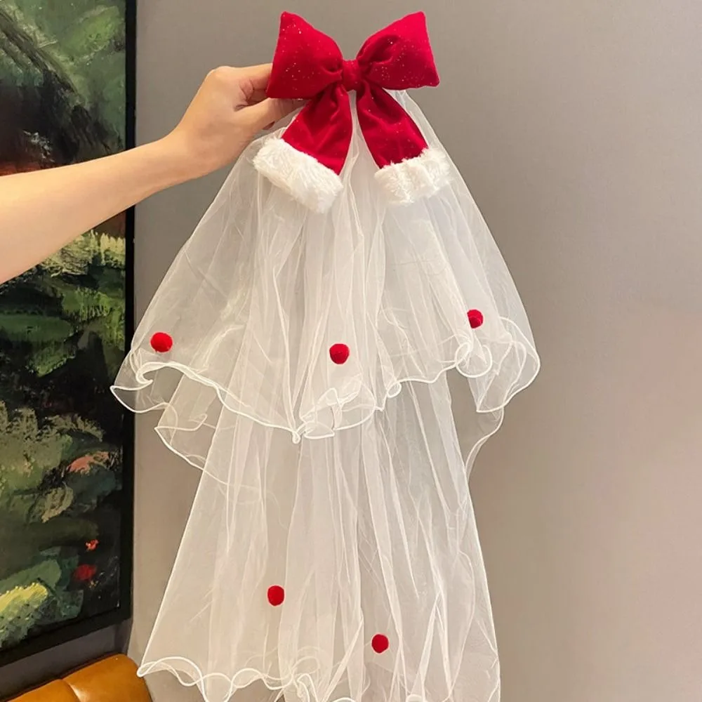 

Fashion Red Christmas Veil Headband Mesh Velvet Christmas Head Gauze Head Covering Hair Band Bow Veil Party Cosplay