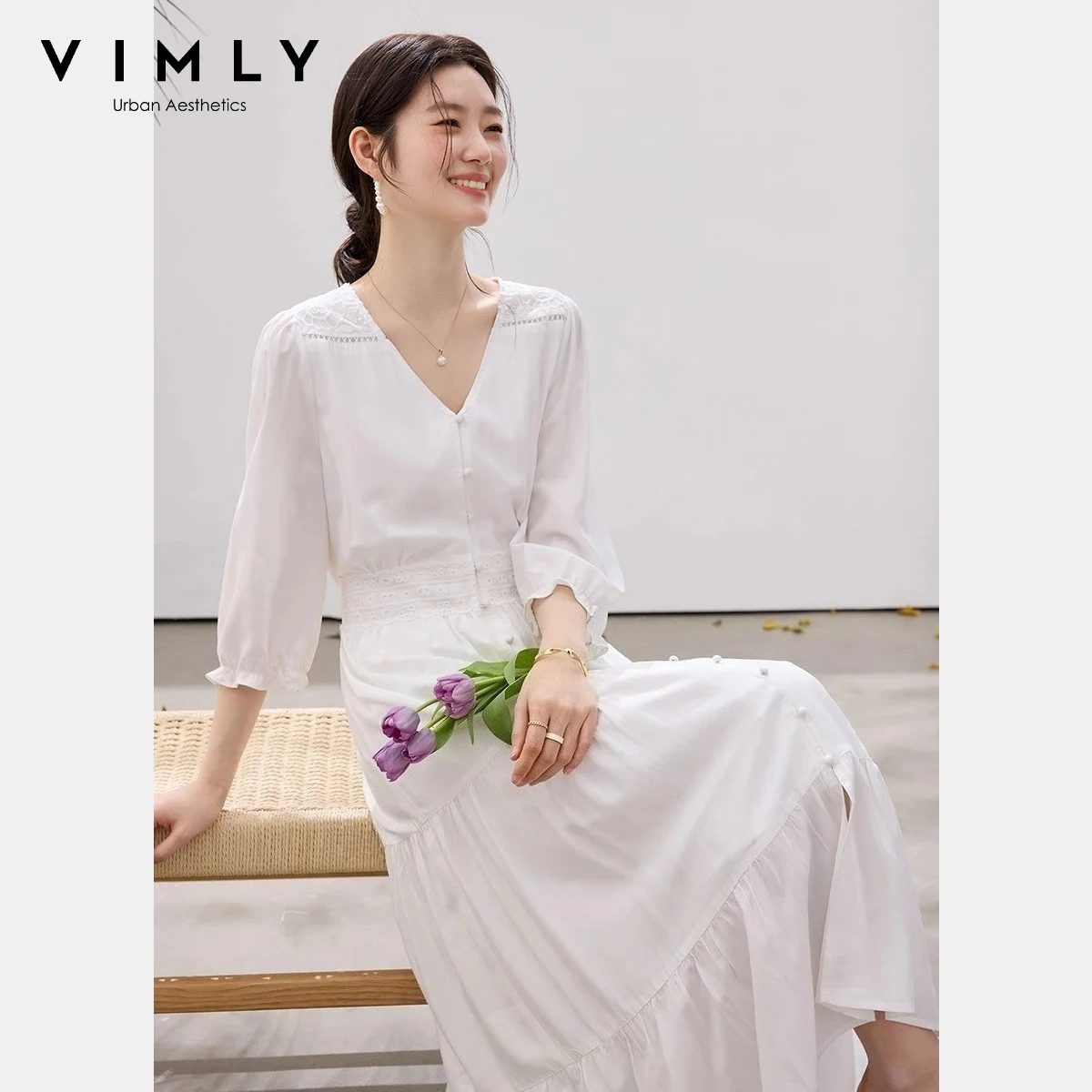 

VIMLY Women's Puff Sleeve A-Line Dress 2026 Spring New French V-Neck White Lace Trim 3/4 Sleeve Casual Vacation Midi Dress A5116