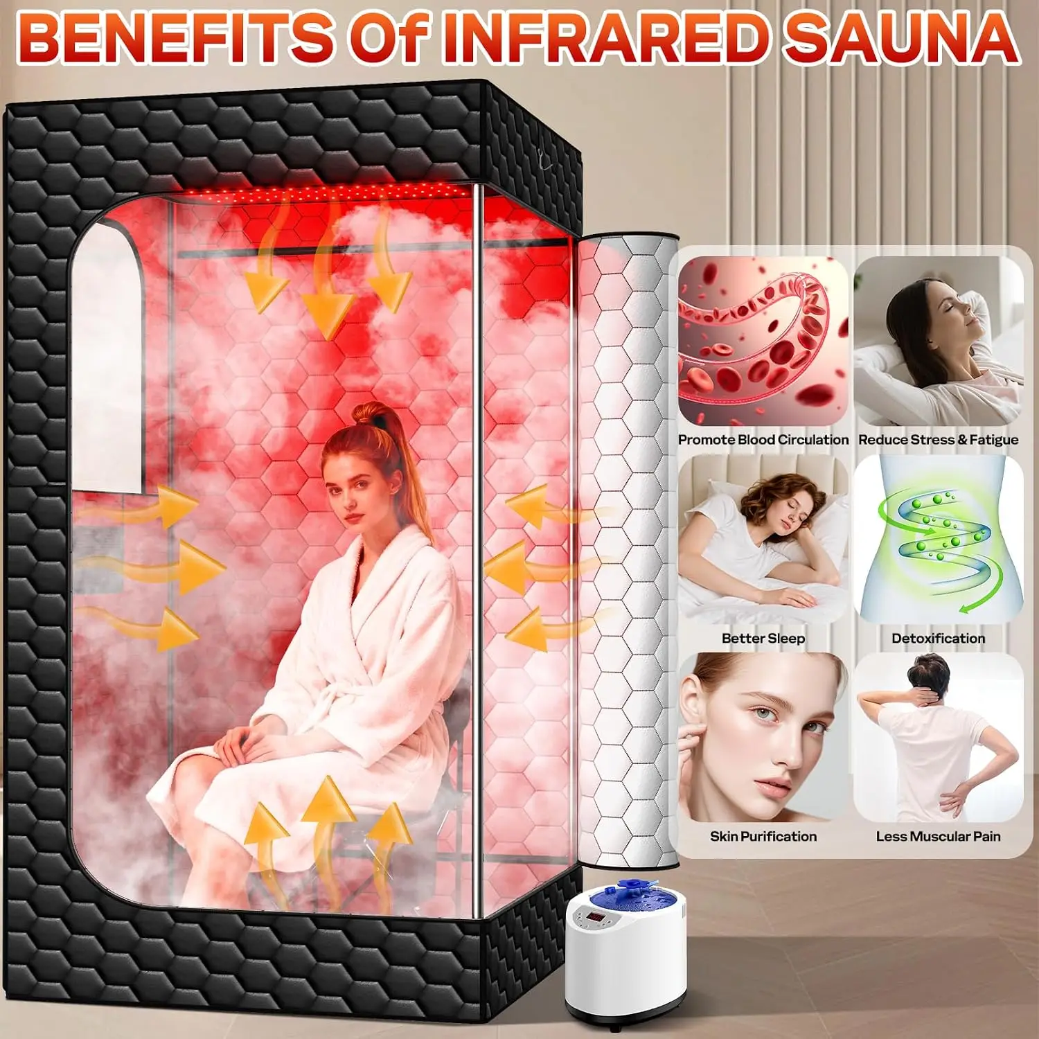 Portable Infrared Sauna, 160 LEDs Red Light Sauna Box, Steam Sauna Tent with 3L Steamer, 15 Heating Levels for Home Spa