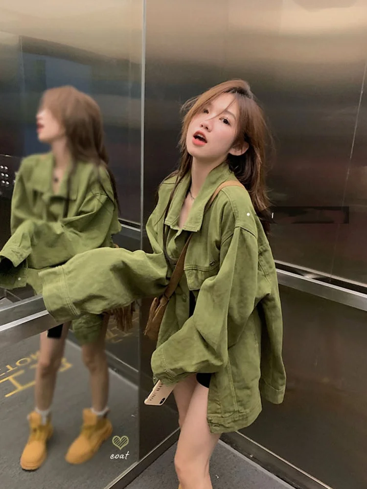 

Осенне-зимний кардиган с воротником-поло и длинными рукавами, свободная зеленая джинсовая куртка для женщин