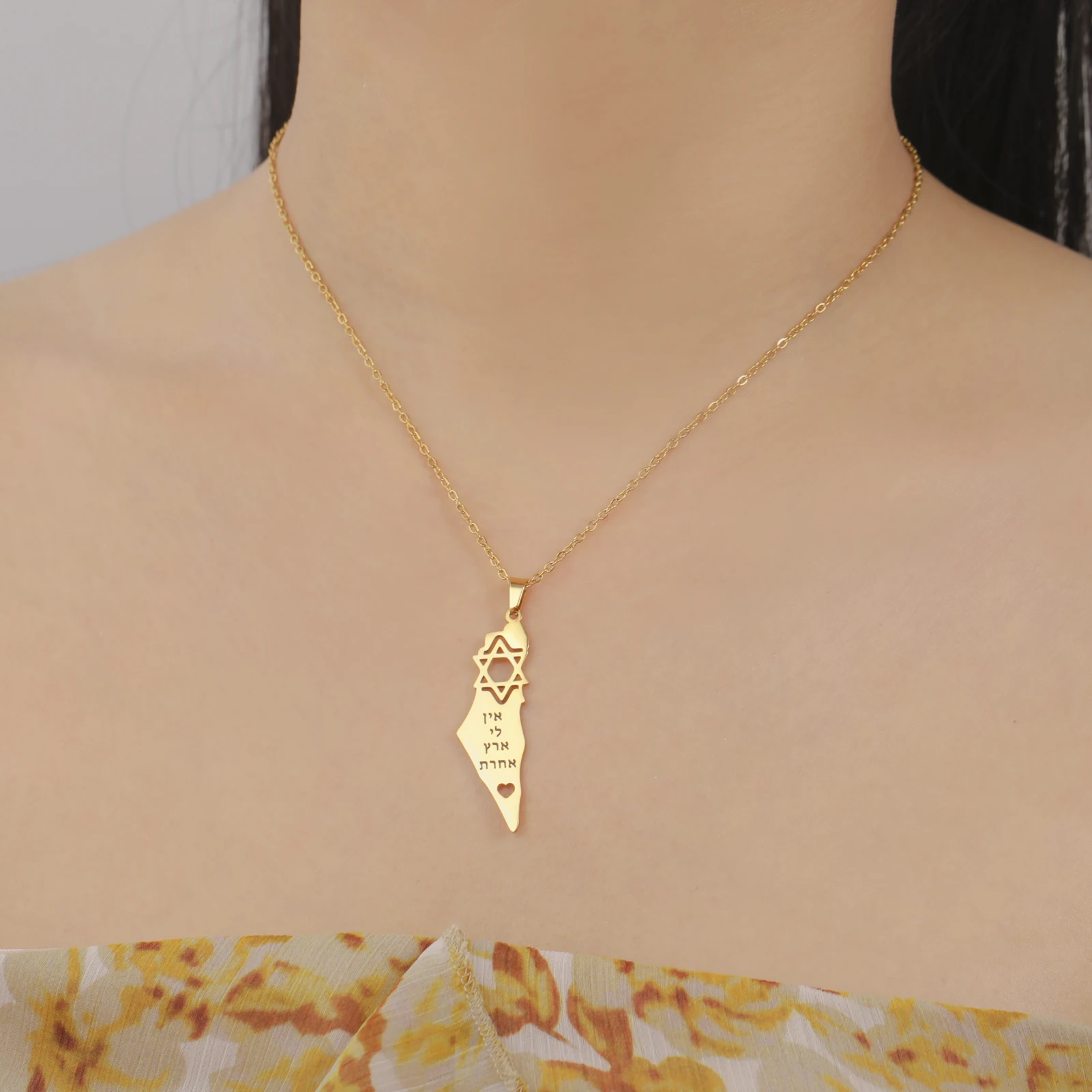 Lucktune Israel Map Pendant Necklace Vintage Stainless Steel Women's Necklace Gold Color Star Of David Jewish Symbol Jewelry