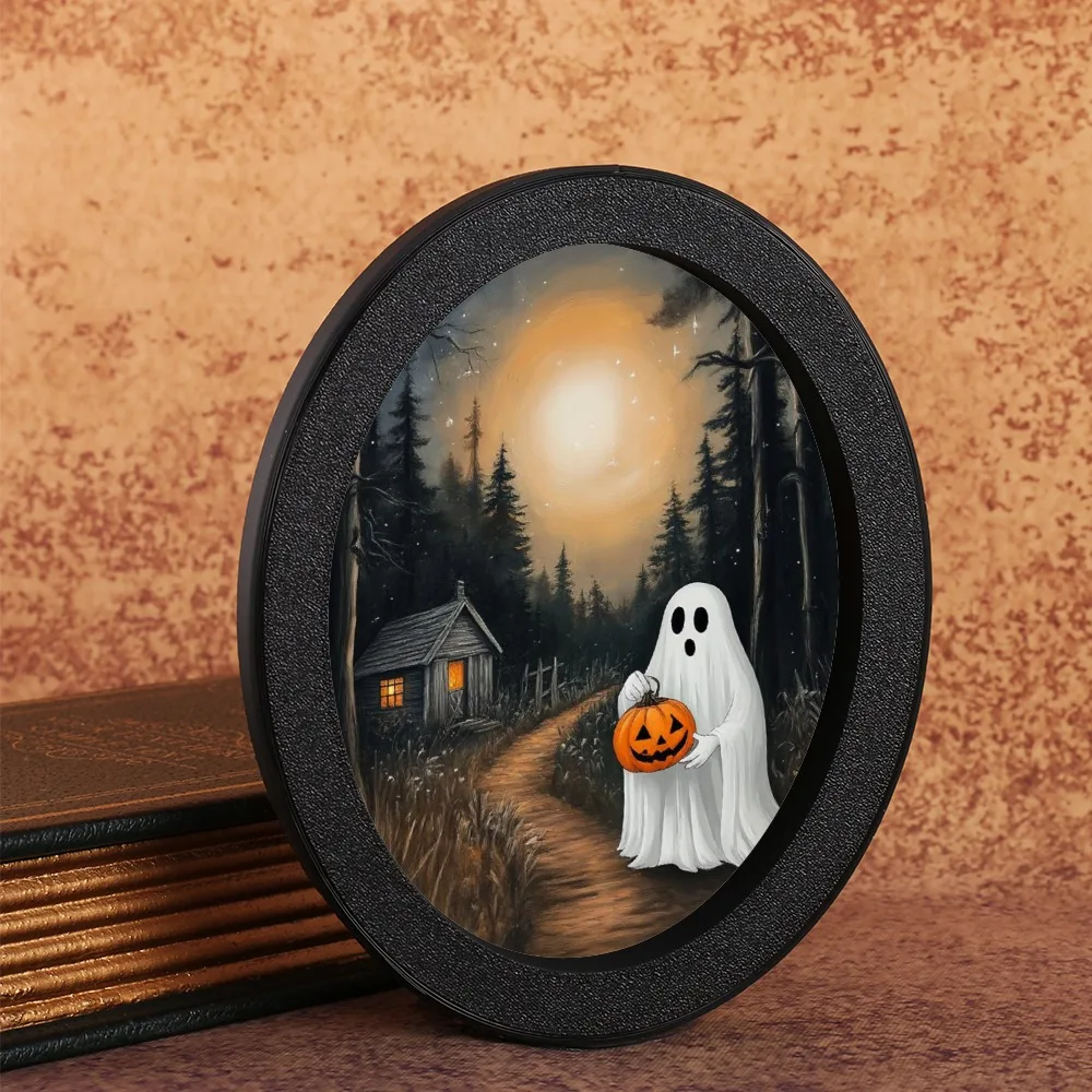 إطار صورة بيضاوي أسود عبر الحدود مع رسم توضيحي لفانوس اليقطين يحمل الأشباح، مناسب لديكور الهالوين، إنشاء بلدي