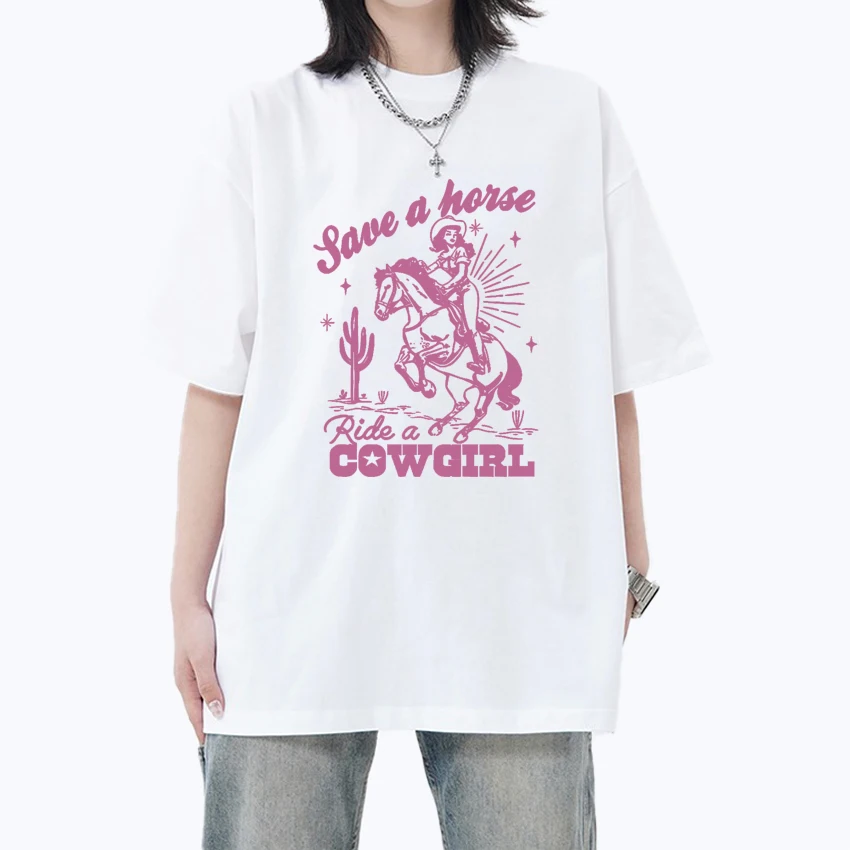 

Aesthetic Save A Horse Ride A Cowgirl Printed Tee Shirt New Unisex vintage Y2k short sleeve T-shirts Men Women 100% Cotton Tops