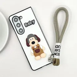 Fashion Cute Cartoon 3D DOG Wrist Hand Strap Bracelet Phone Case For Samsung Galaxy Z Fold 6 5 4 3 2 5G White Leather Cover