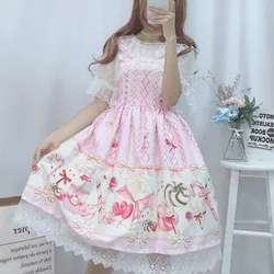 Japanese Style Lolita 2024 Summer New Ladies Sling Sleeveless Patchwork Lace Bow Bandage Fashion Sweet Slim Ball Gown Dress