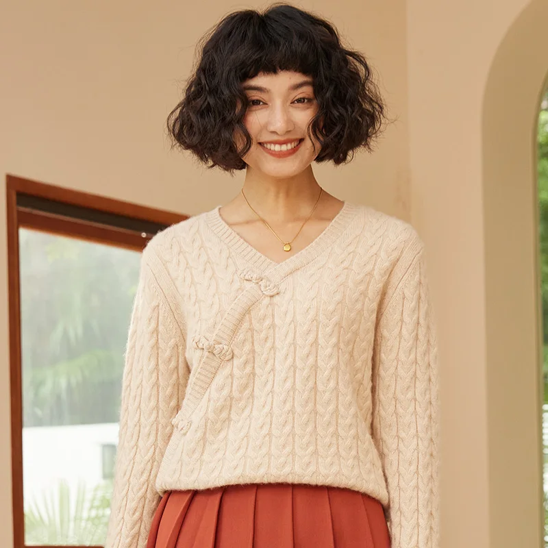 100% pure cashmere Chinese twist twist pan button long sleeve knitted cashmere sweater