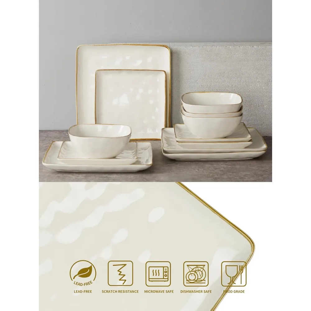 Dinnerware Sets for 4, Ocean Square 12-Piece Kitchen Plates and Bowls Sets, Microwave and Dishwasher Safe, Scratch Resistant