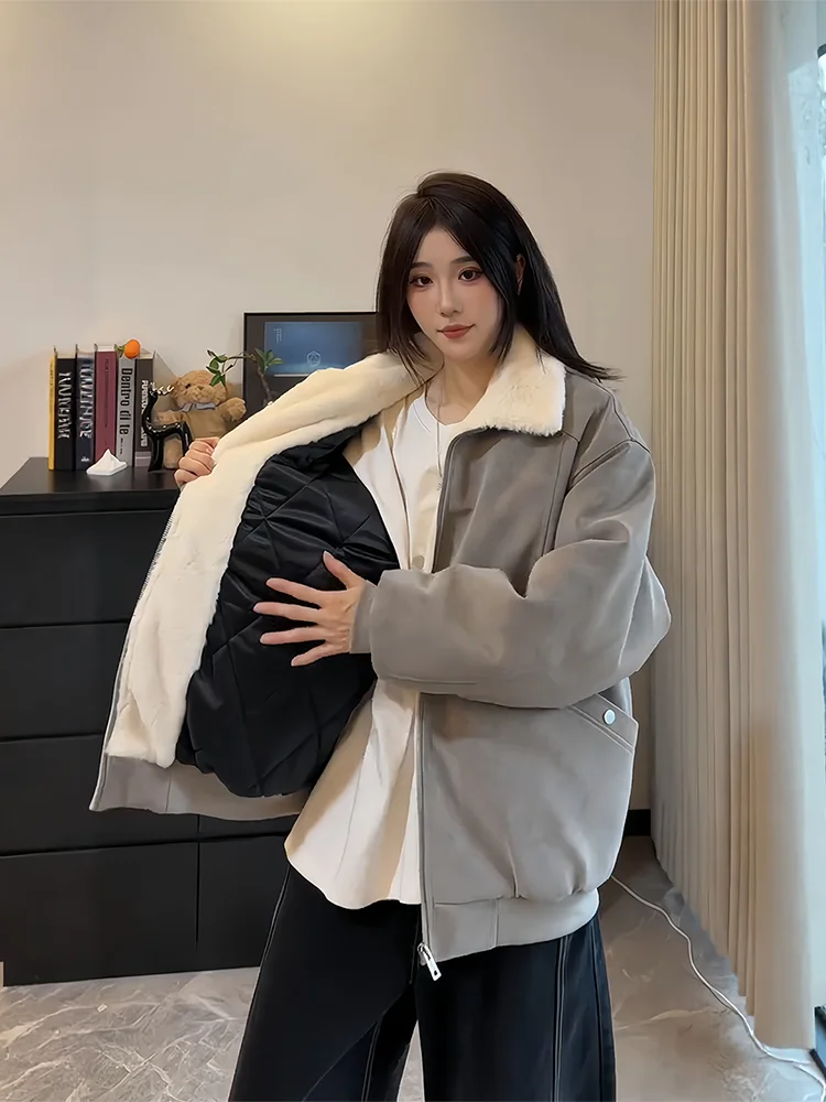 

American Style Lamb Velvet Matte PU Leather Cotton Jacket Men's Winter Thickened Cotton Coat Barn Style Workwear Motorcycle C...